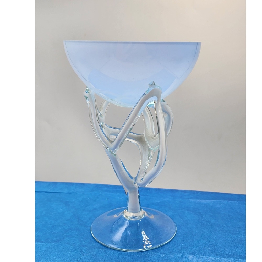 Artisan Hand Blown Frosted Blue Glass Coupe Abstract Sculptural Stem Compote